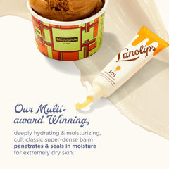 Lanolips 101 Ointment texture closeup highlighting creamy, non-greasy feel for dry lips.