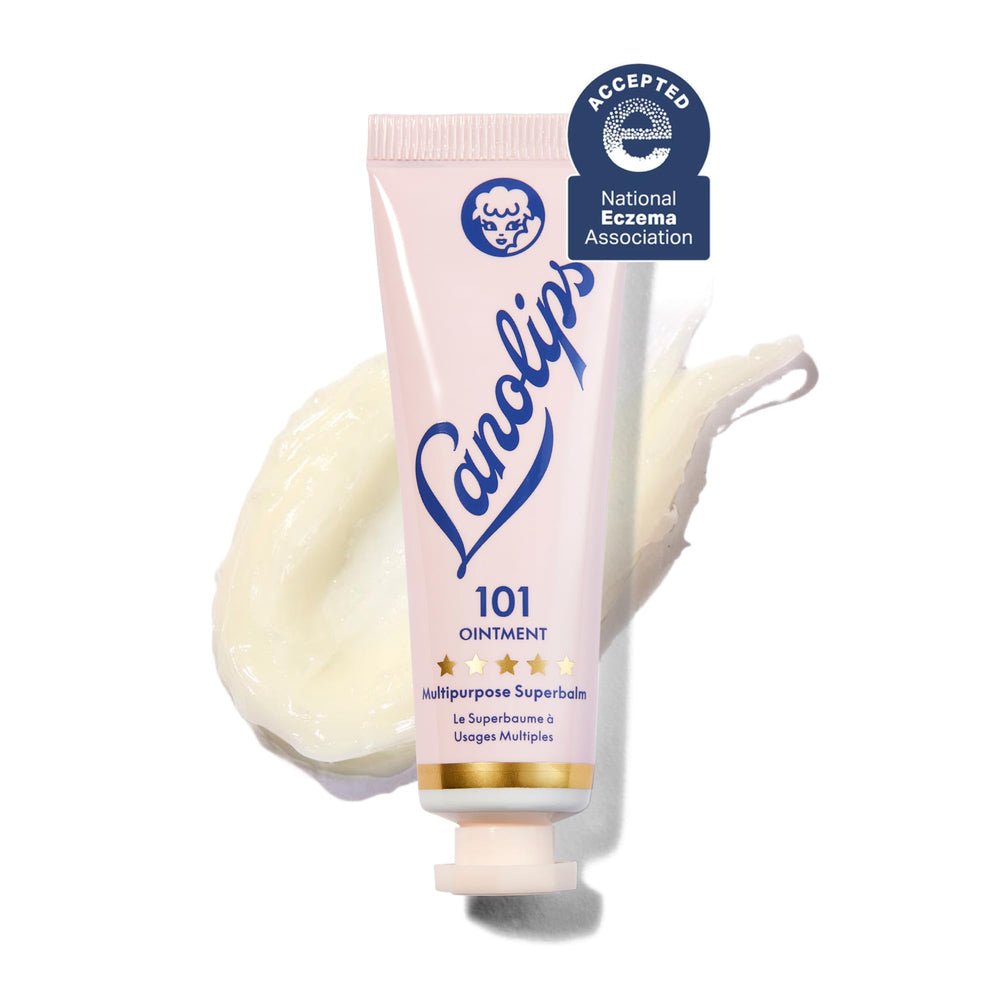 Lanolips 101 Ointment tube closeup highlighting the nourishing lip balm formula.