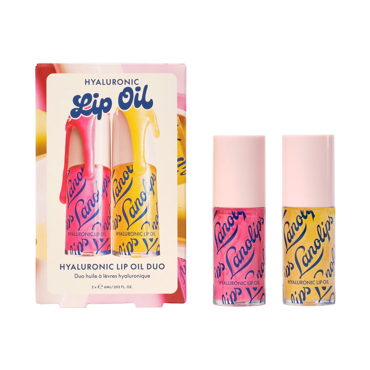 Lanolips Hydrating Lip Oil Duo Honey application delivers a glossy, hydrated lip look.