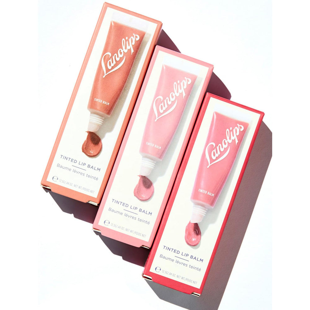 Lanolips Lip Tint Rhubarb glow close-up demonstrates rosy sheen and daily hydration.