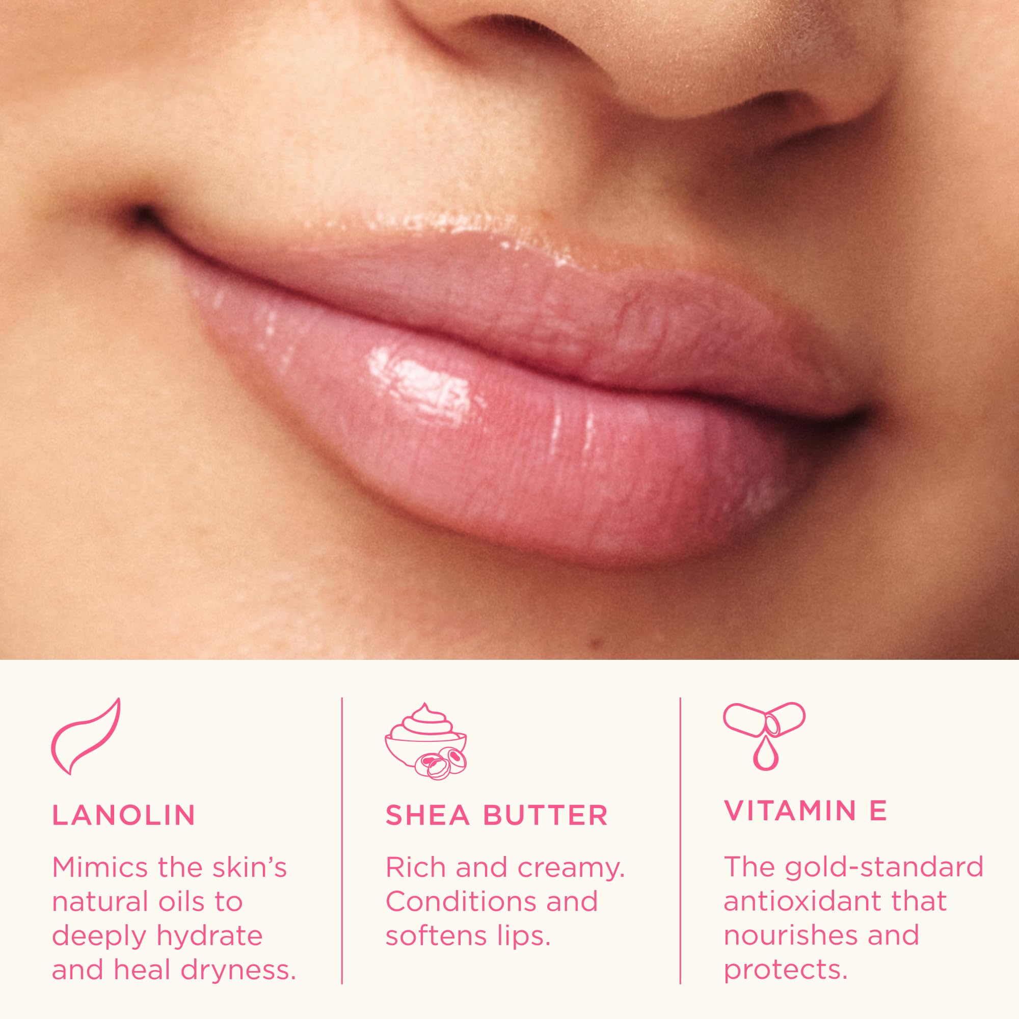 Lanolips Tinted Lip Balm Rhubarb on lips offers natural, hydrated color.