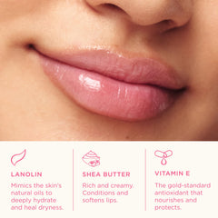 Lanolips Tinted Lip Balm Rhubarb on lips offers natural, hydrated color.