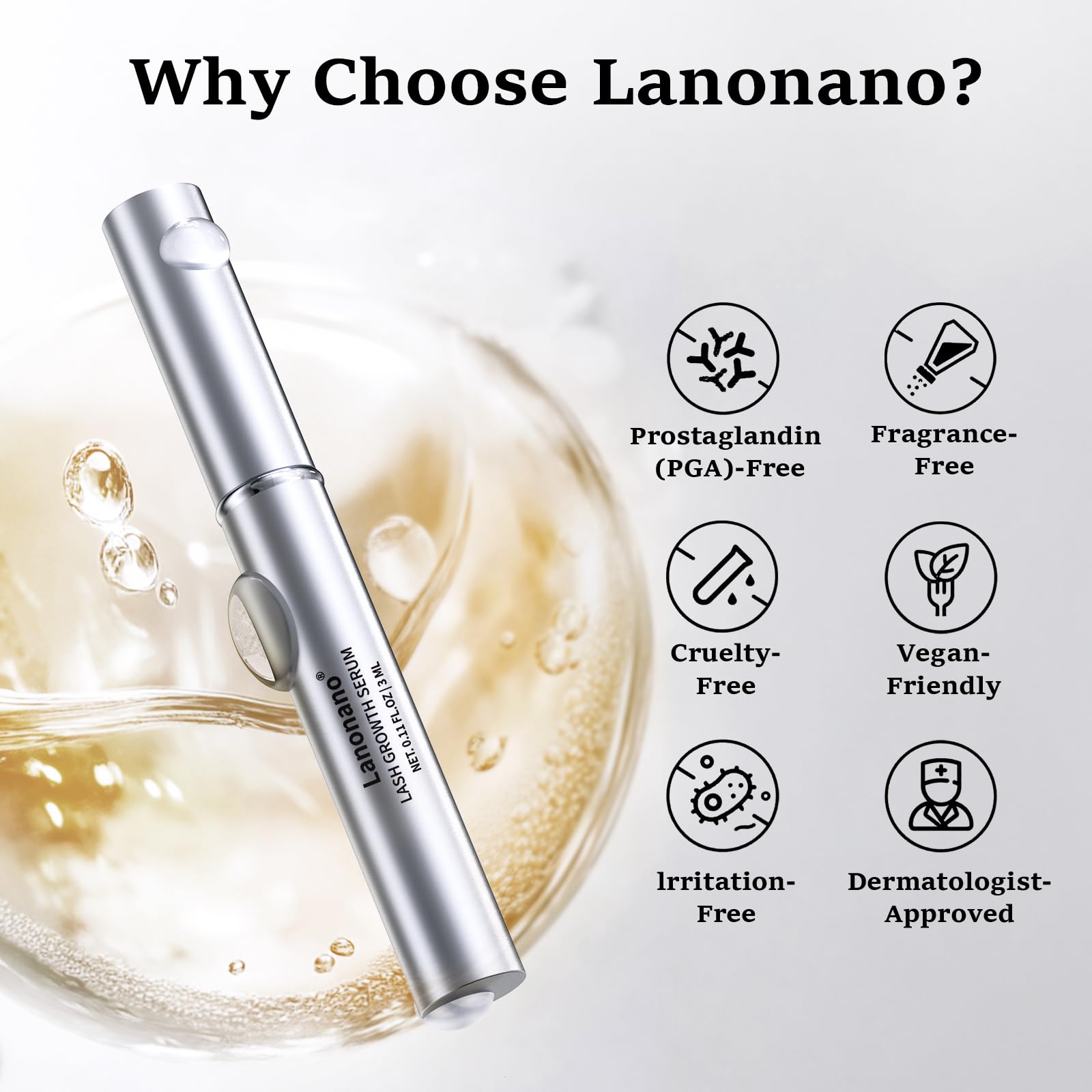 Lanonano Lash Serum before-after view showing visible lash enhancement.