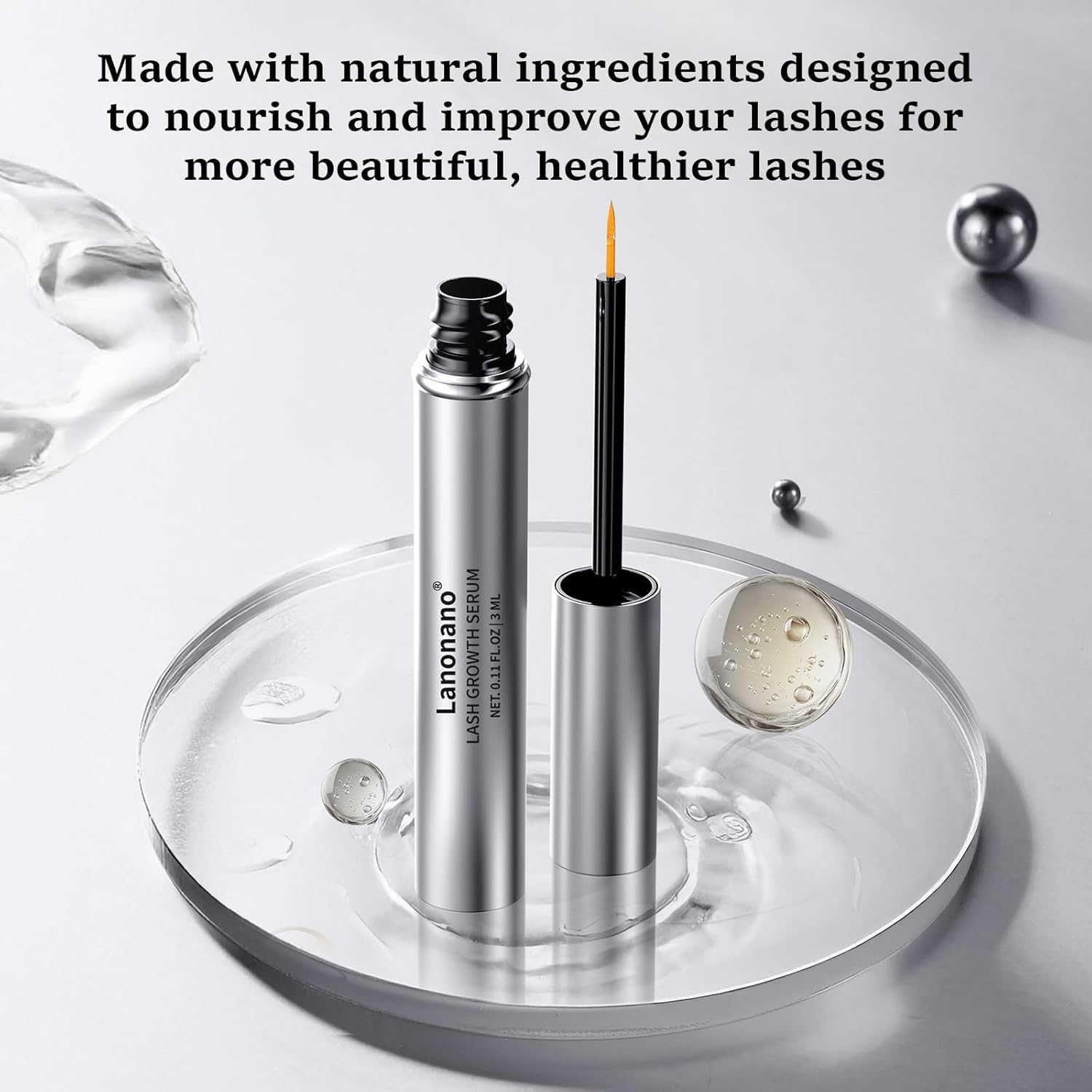 Lanonano Lash Serum compact 3ml packaging fits in travel bag.
