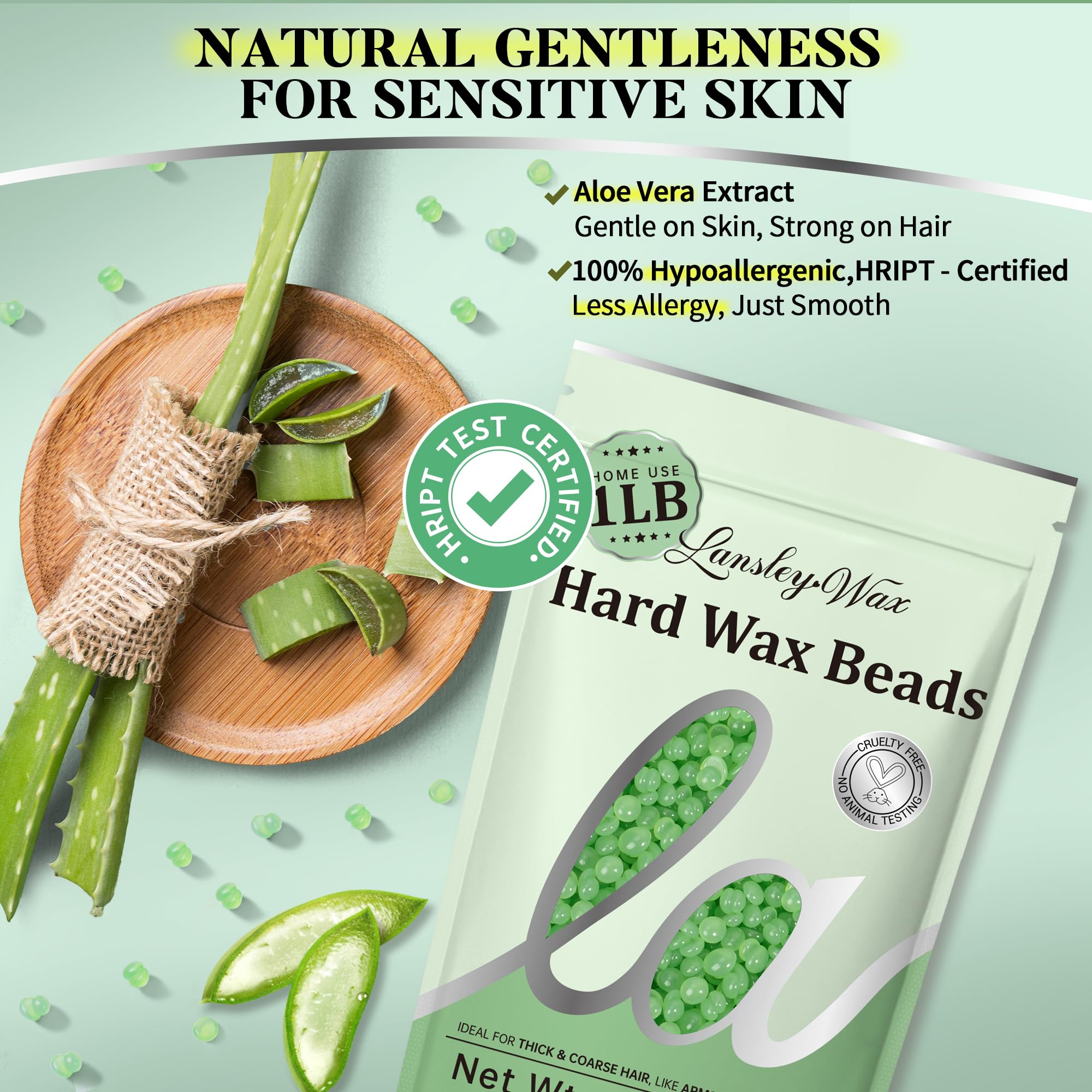 LANSLEYWAX Aloe-infused beads close-up showing sensitive-skin friendly, gentle removal.