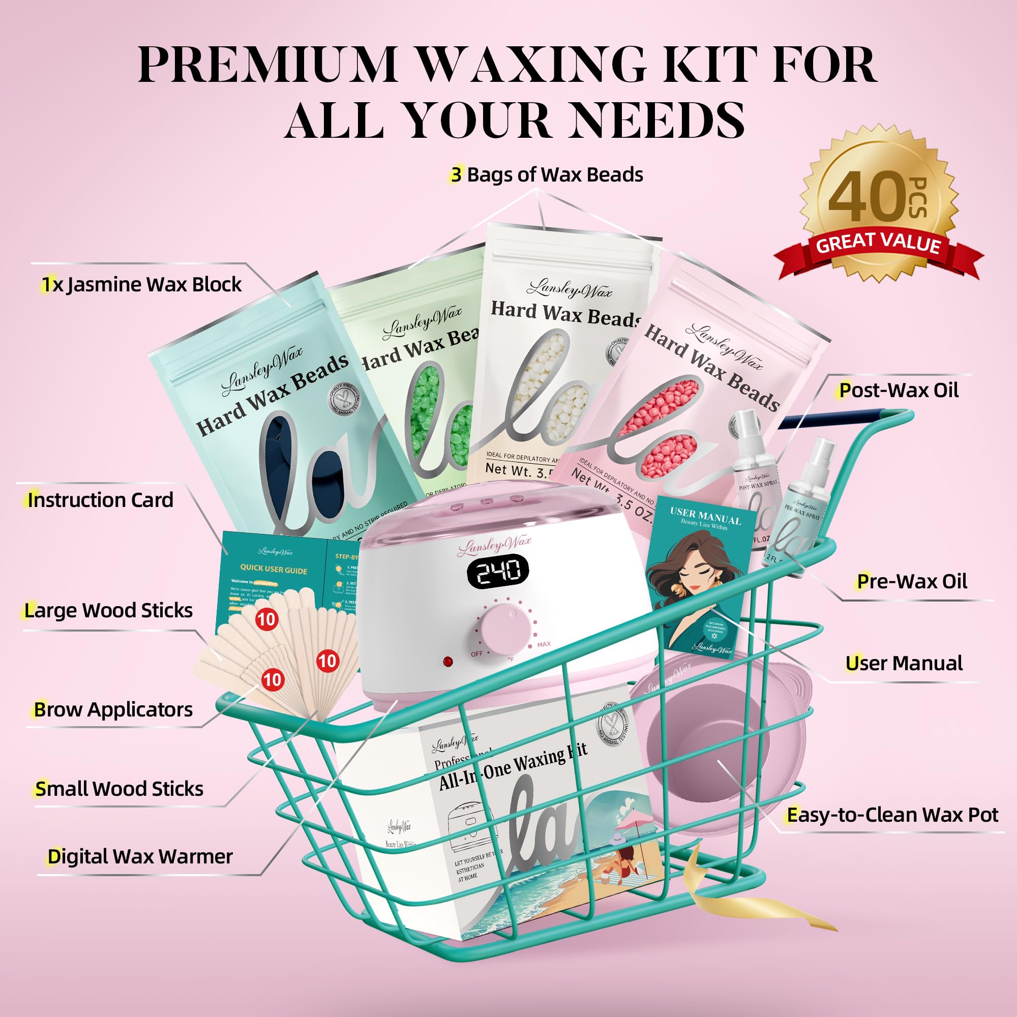 LANSLEYWAX kit supports face and brow waxing with gentle, controlled results.