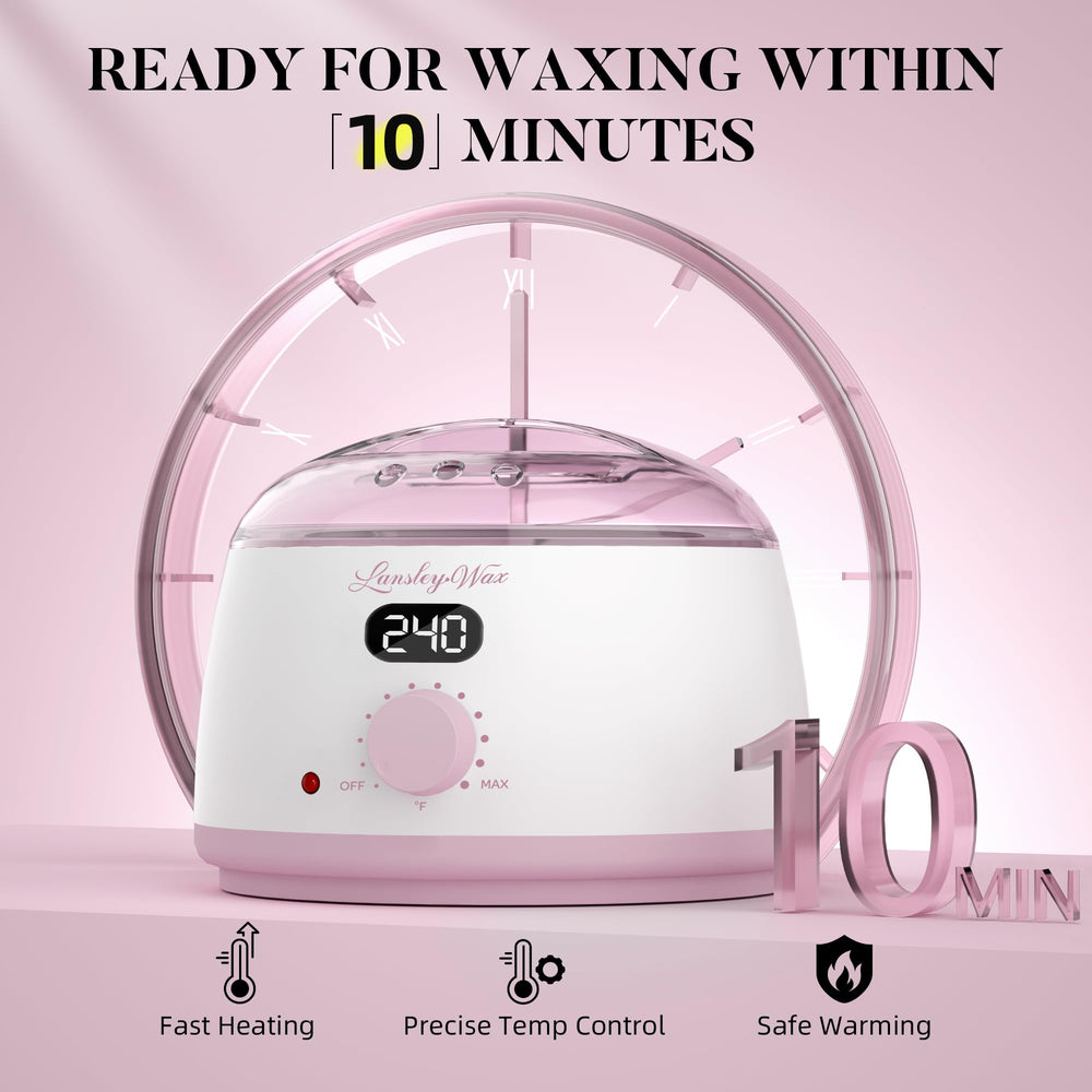 LANSLEYWAX digital waxing kit pink machine lid open, ready for quick wax bead loading.