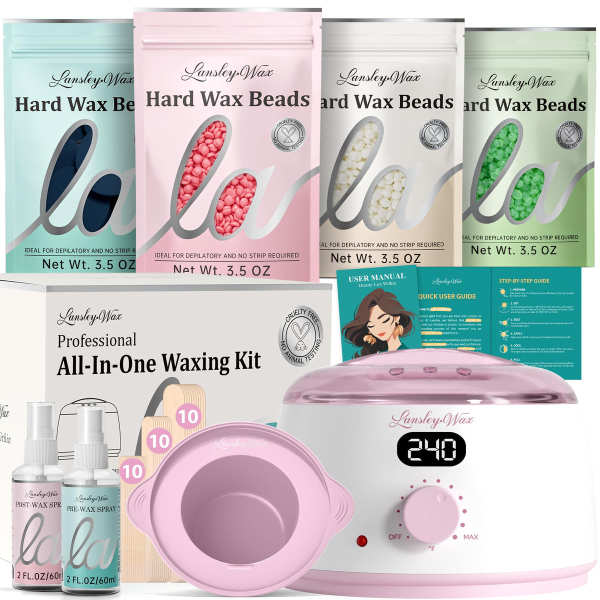 LANSLEYWAX digital waxing kit pink machine front view for fast at-home sessions.