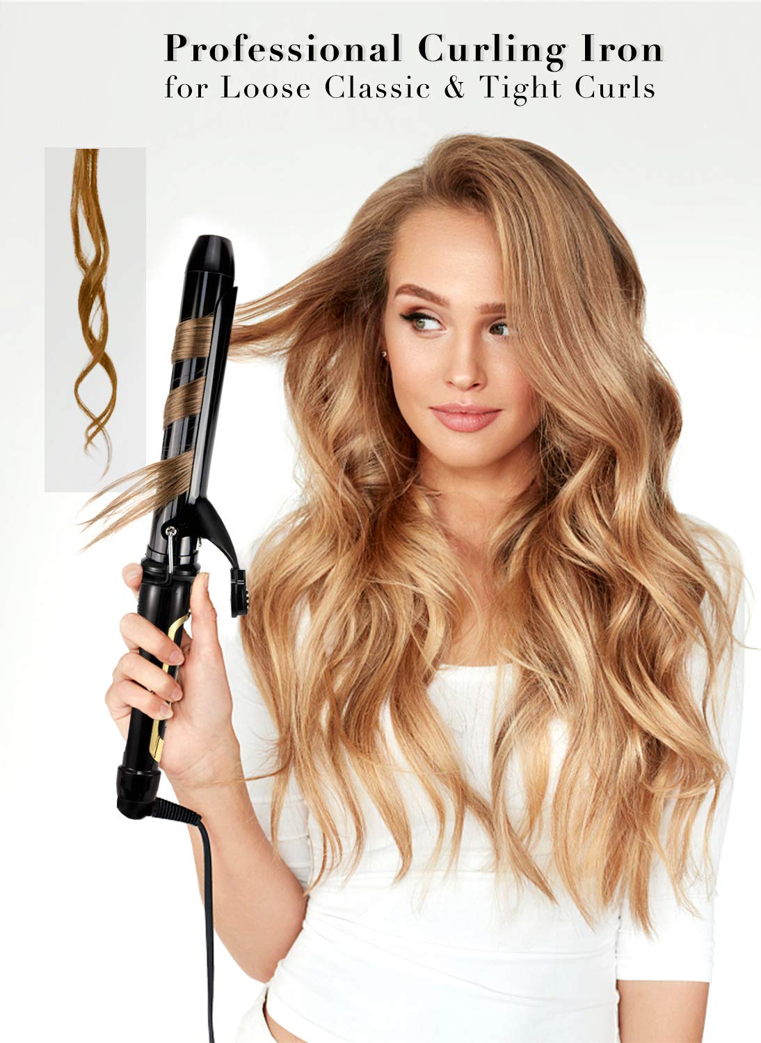LANVIER curling iron tourmaline coating close-up highlights smooth waves and frizz control.