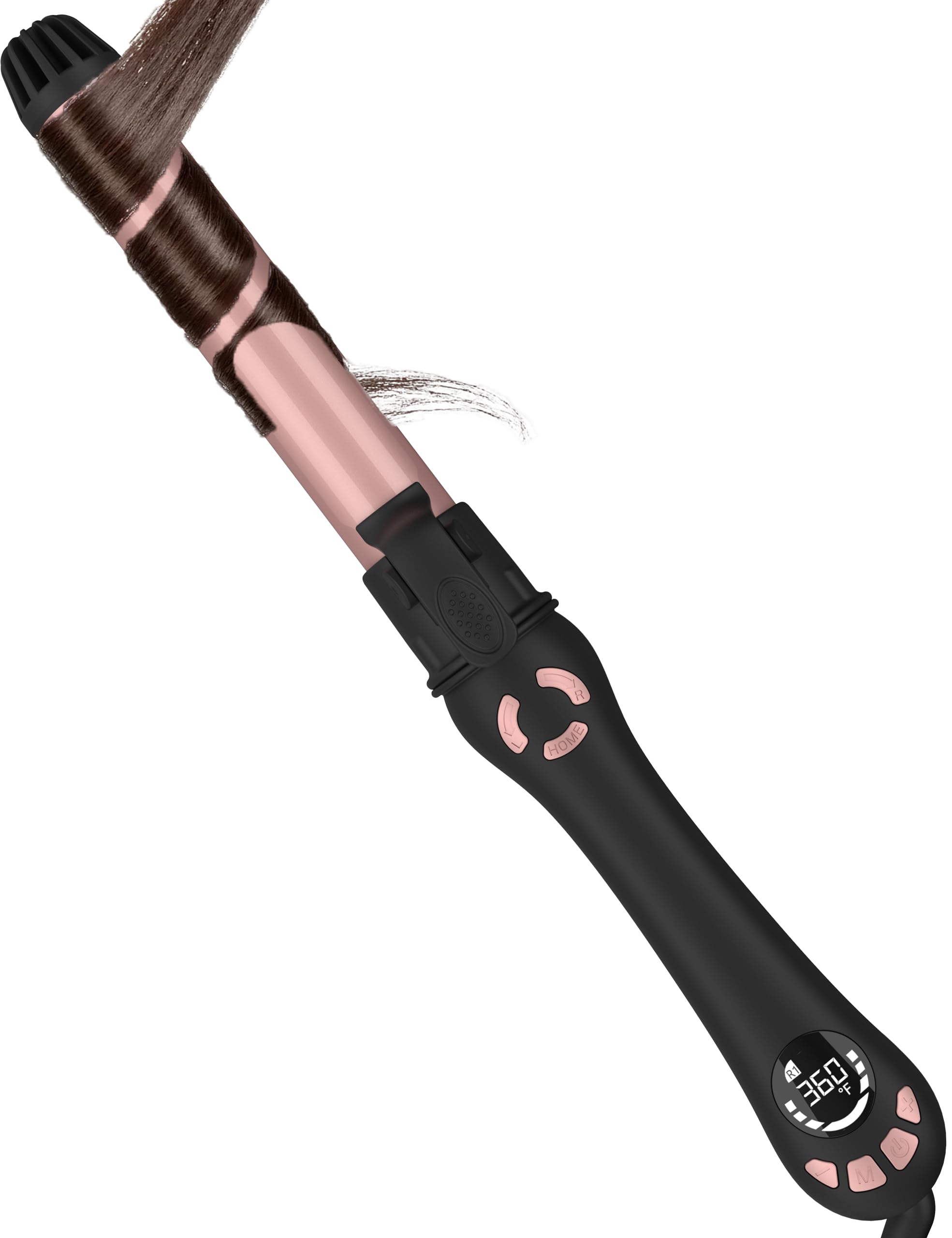 LANVIER rotating curling iron 1.25-inch barrel creates voluminous curls quickly.