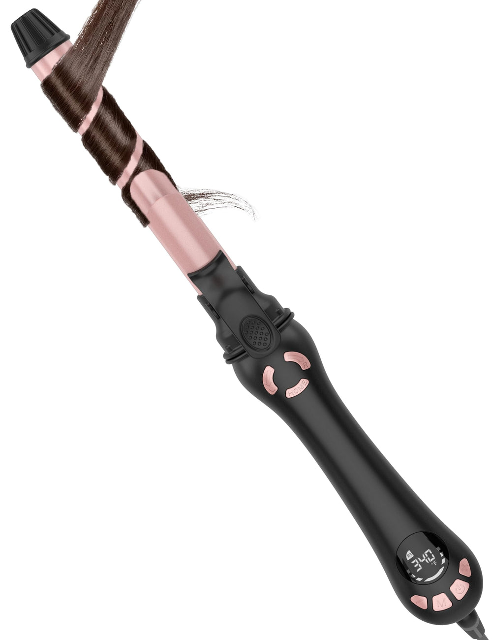 Lanvier rotating curling iron 1 inch front view showing ergonomic grip for easy styling