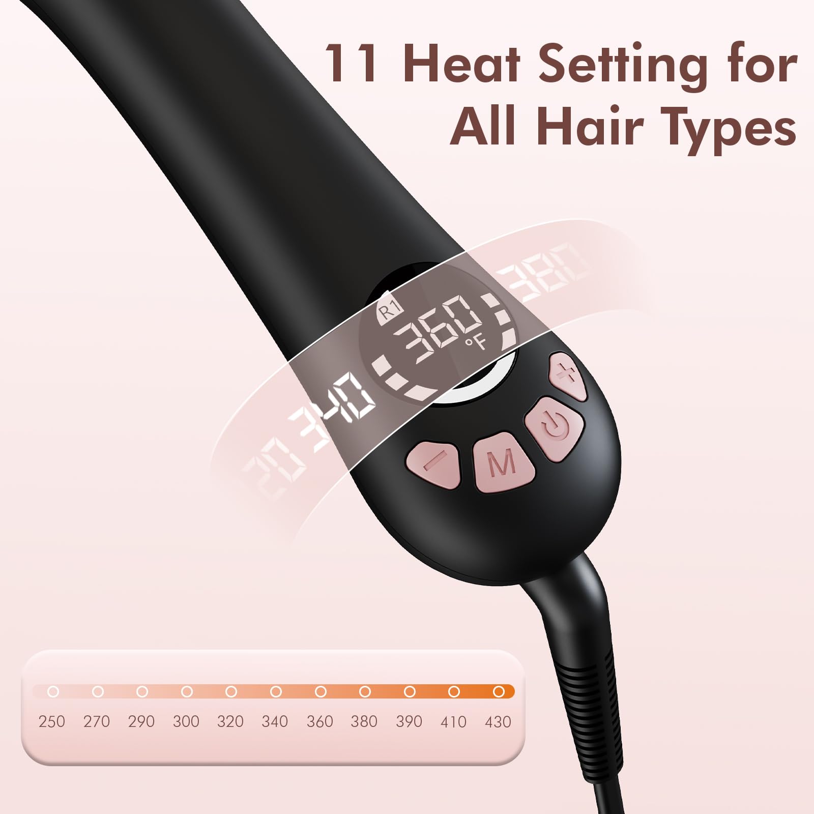 LANVIER curling iron LED display shows precise temperature control.