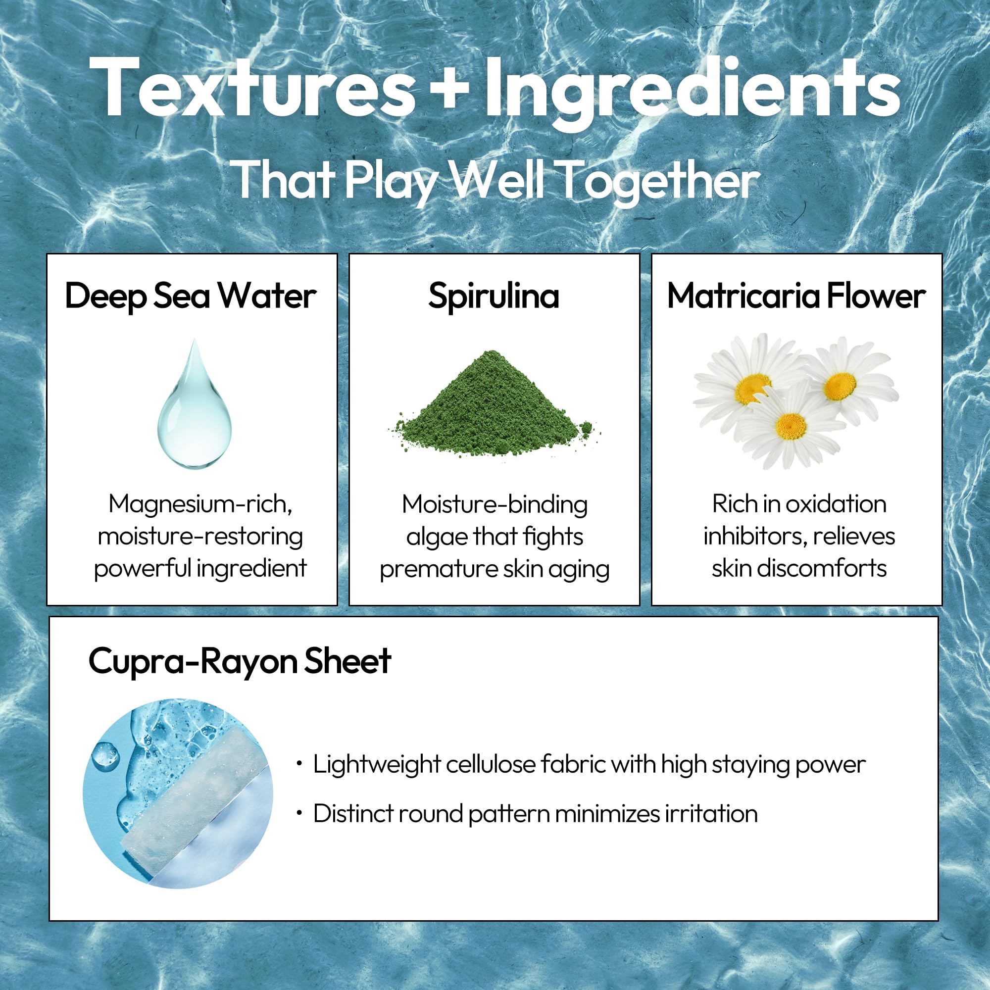 LAPCOS Aqua Sheet Mask plankton extract highlights nutrient-packed hydration.