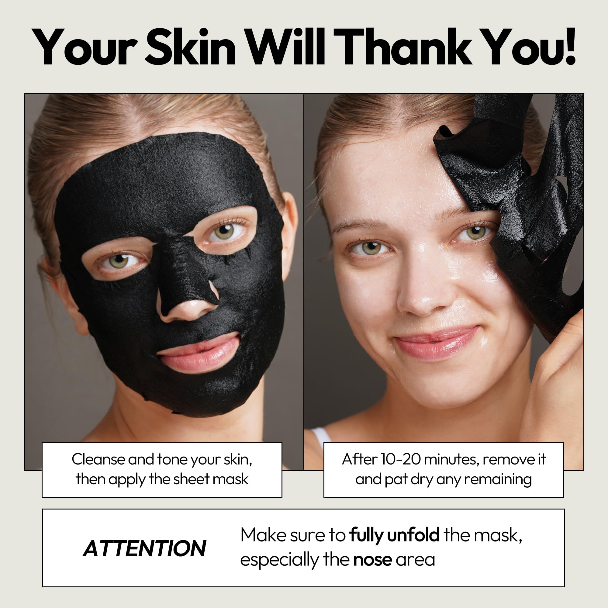 LAPCOS Charcoal Sheet Mask pores tighten suggests refined pores and smoother appearance.
