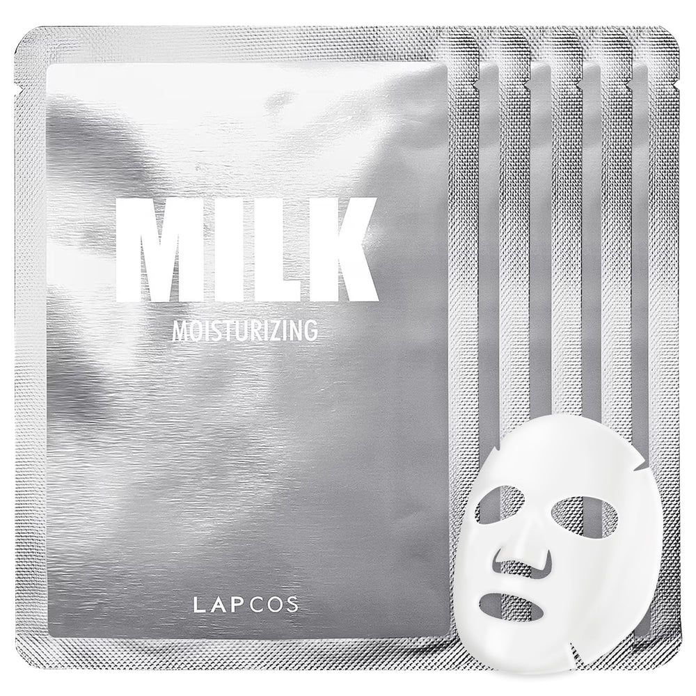 LAPCOS Milk Sheet Mask packaging shows a 5-pack for easy daily hydration.