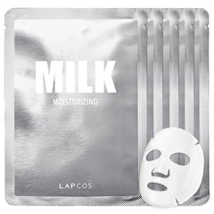 LAPCOS Milk Sheet Mask packaging shows a 5-pack for easy daily hydration.