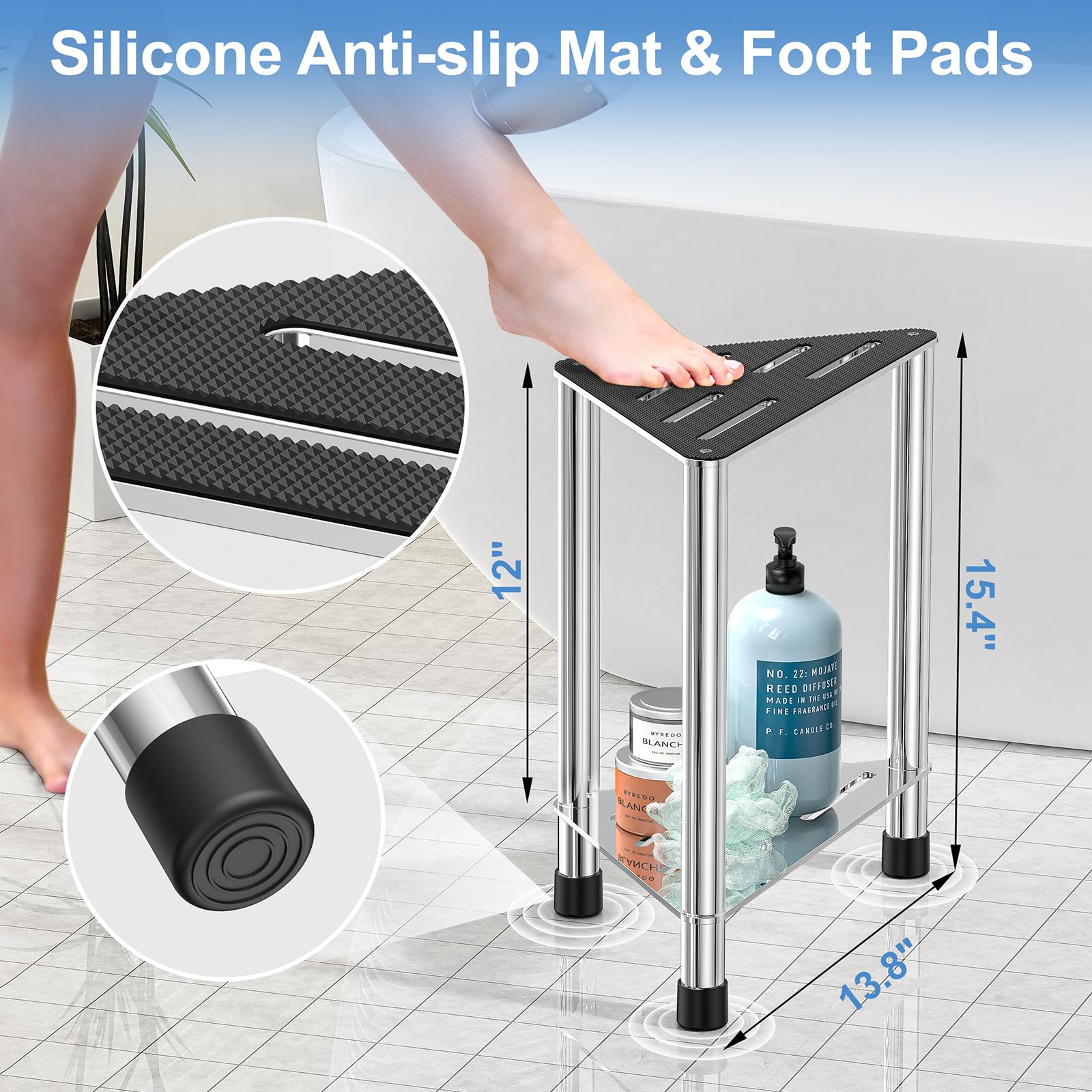 LarFaFa stainless-steel stool top with anti-slip mat supports safe leg shaving and foot care.