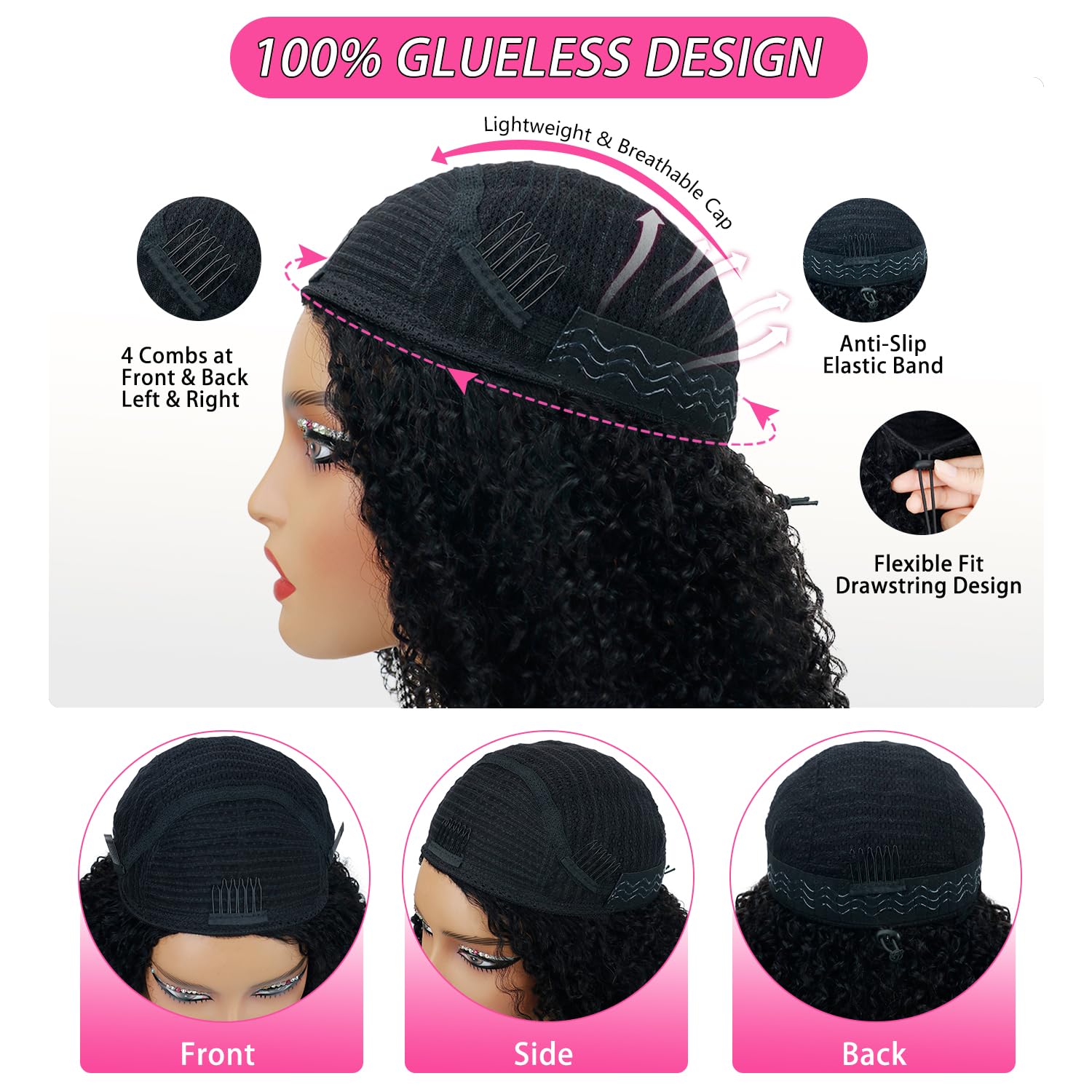 Larhali glueless cap adjustable-drawstring image highlights secure, breathable fit and comfort.