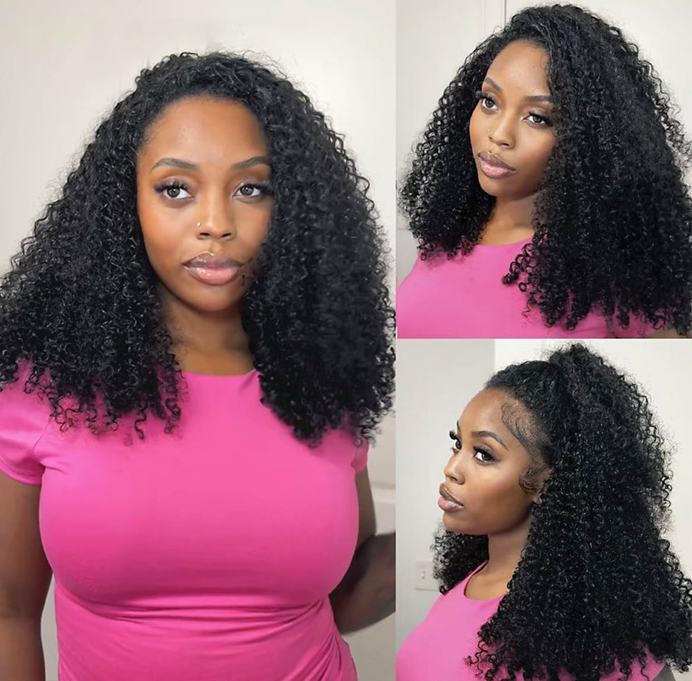 Larhali kinky curly half-wig worn by model demonstrates seamless blend and easy styling.