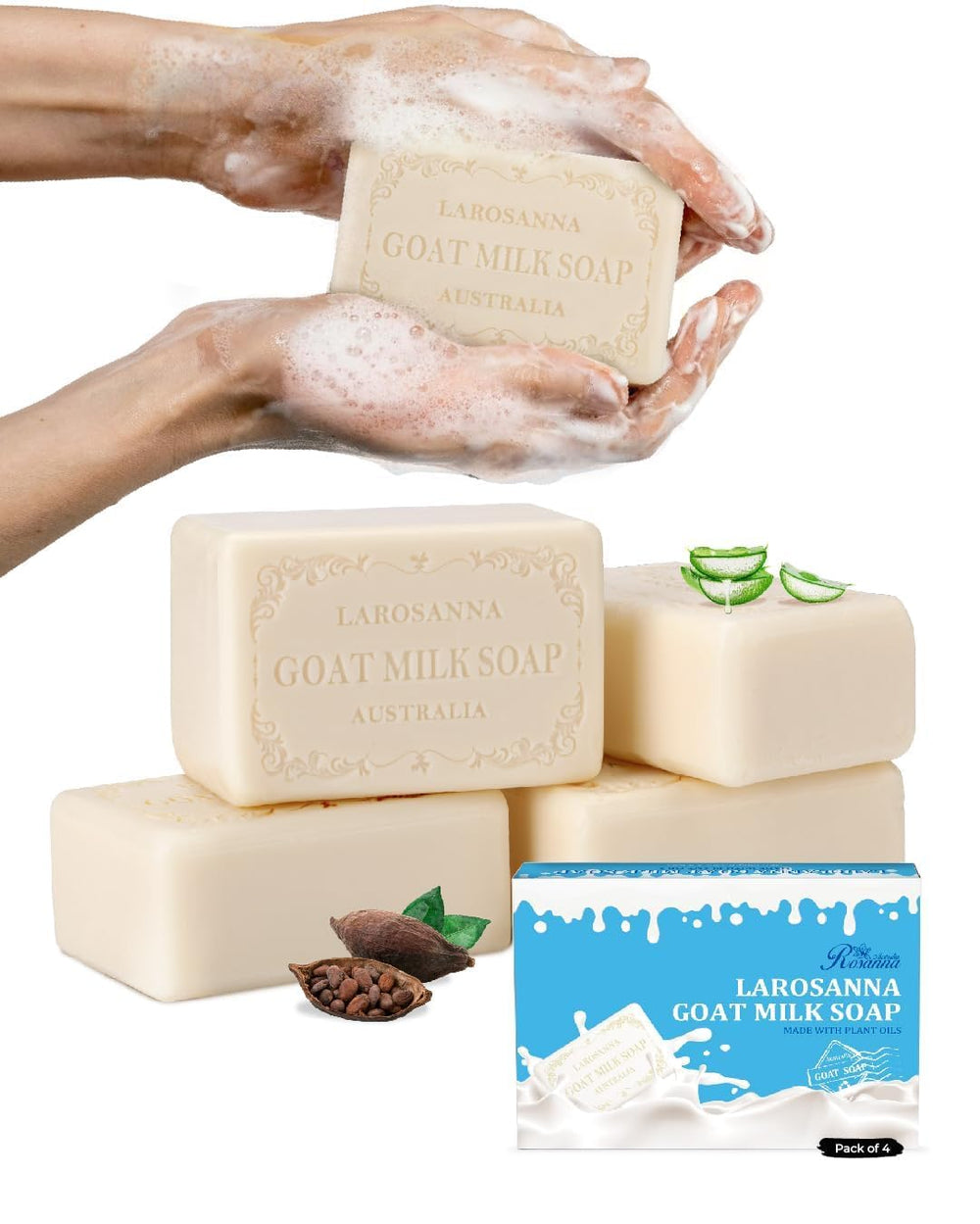 larosanna Australian Goat Milk Soap pack-4 showing four bars ready for daily cleansing