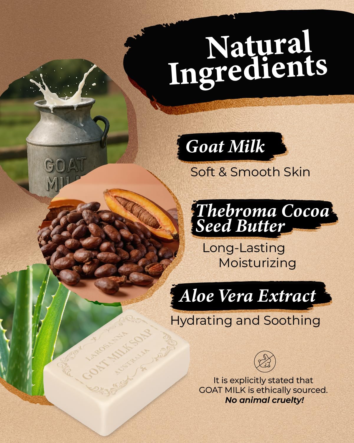 Larosanna soap enriched with cocoa butter, visible creamy lather for hydrated skin
