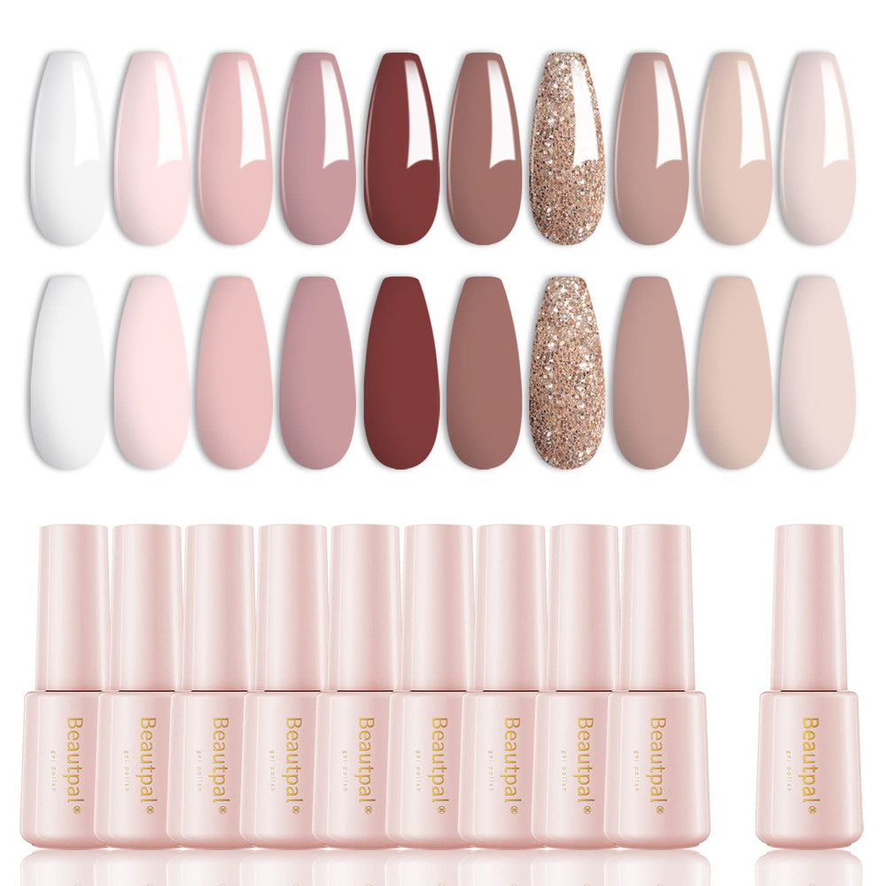 Larvall Beautpal Nude Gel Polish 10pcs bottles collage showing all-season nude shades for at-home manicures.