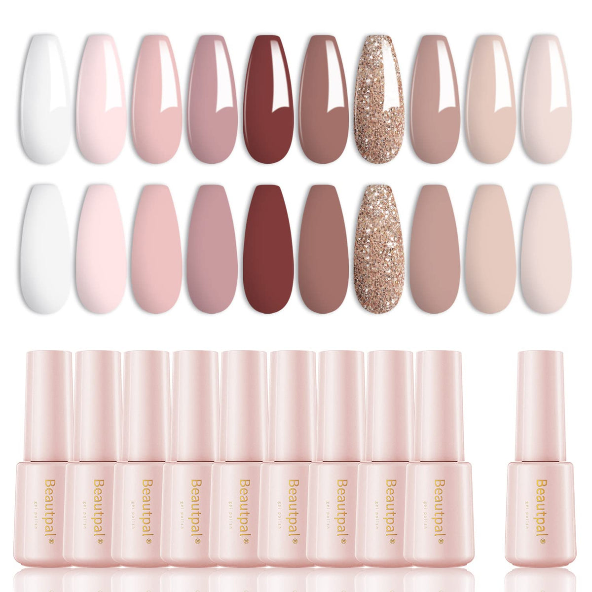 Larvall Beautpal Nude Gel Polish 10pcs bottles collage showing all-season nude shades for at-home manicures.