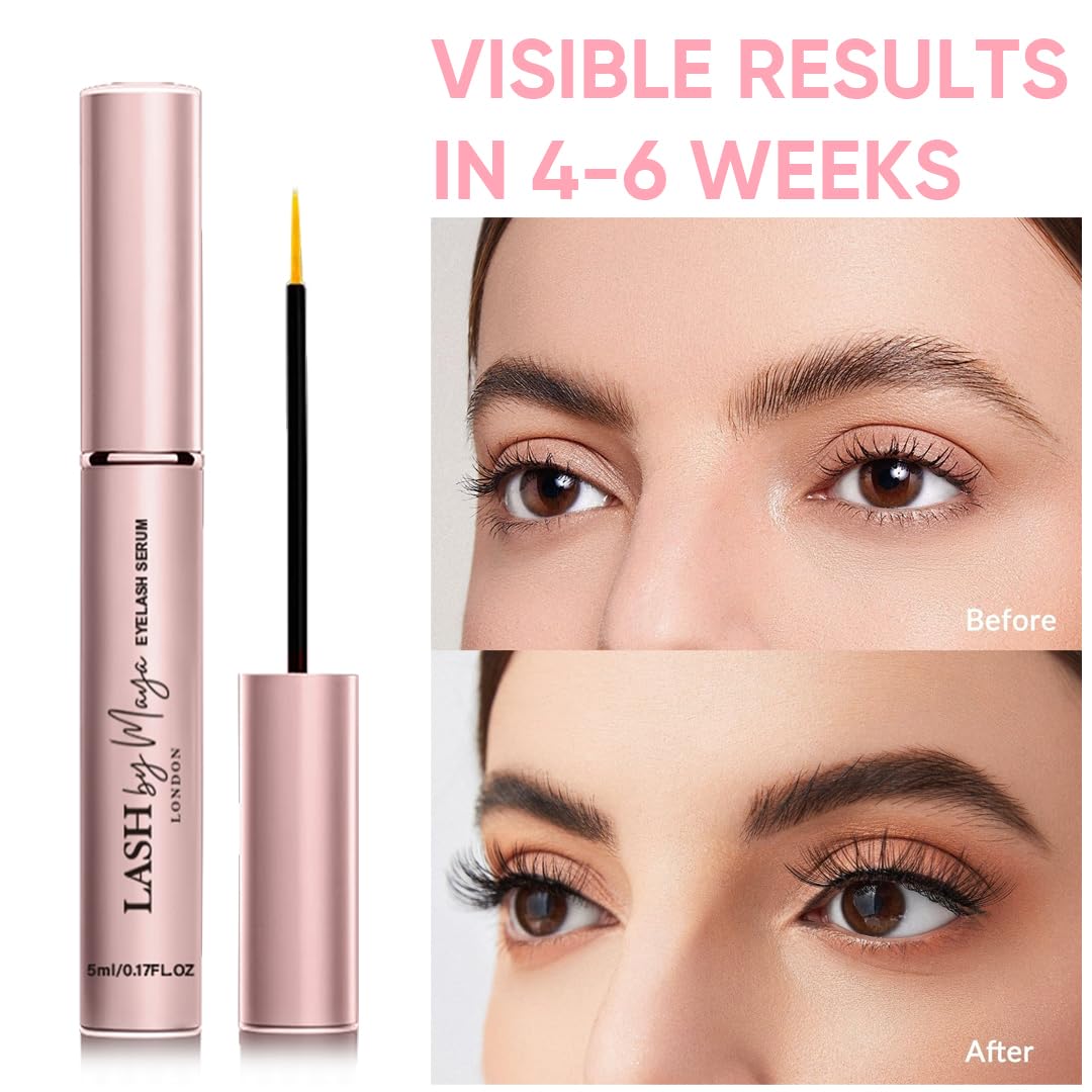 Lash by Maya Serum before after teaser, visuals suggest natural lash improvement.