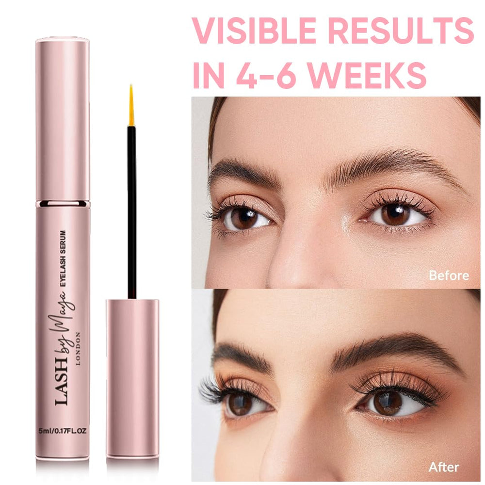Lash by Maya Serum before after teaser, visuals suggest natural lash improvement.