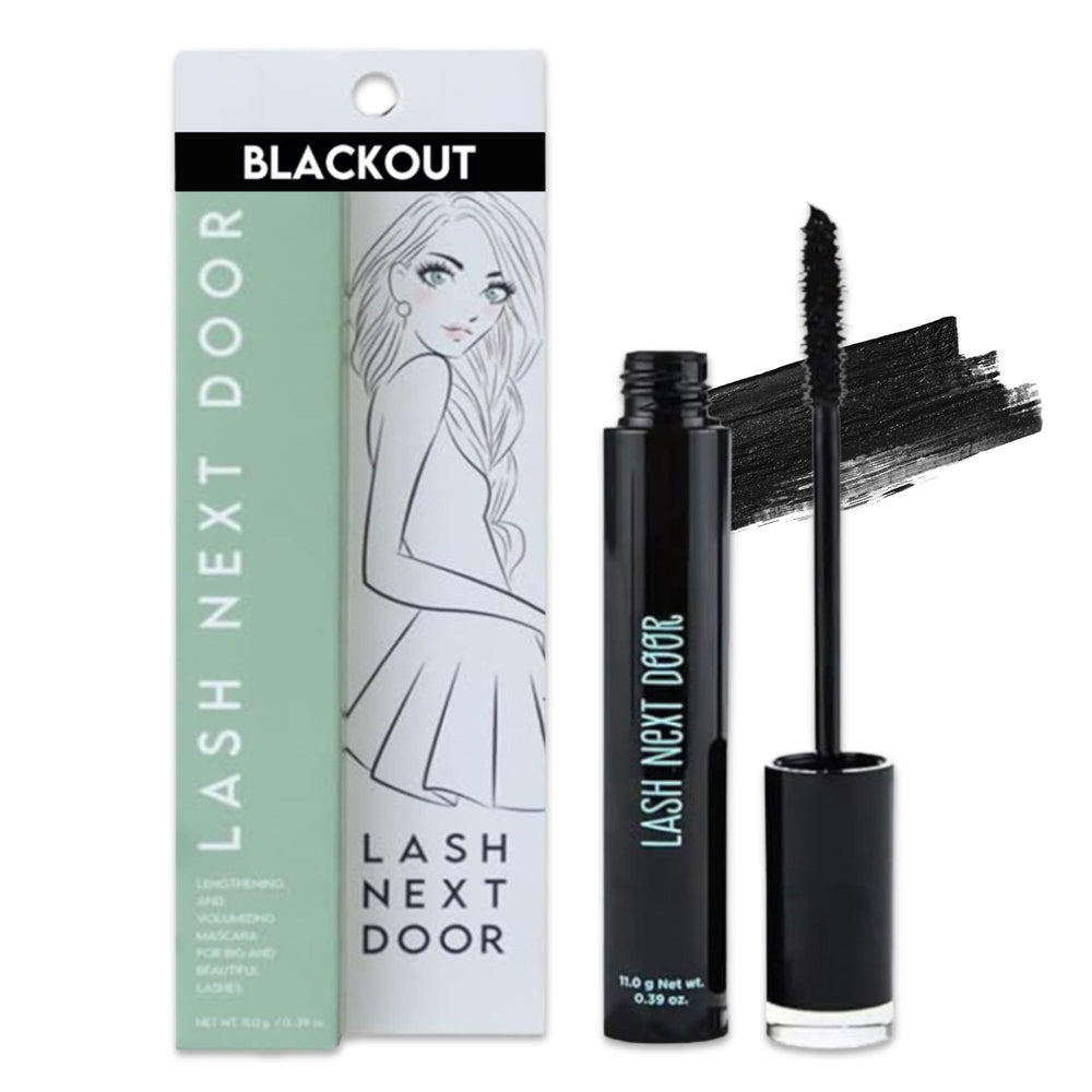 Lash Next Door mascara bottle closeup shows water-resistant formula for all-day wear.