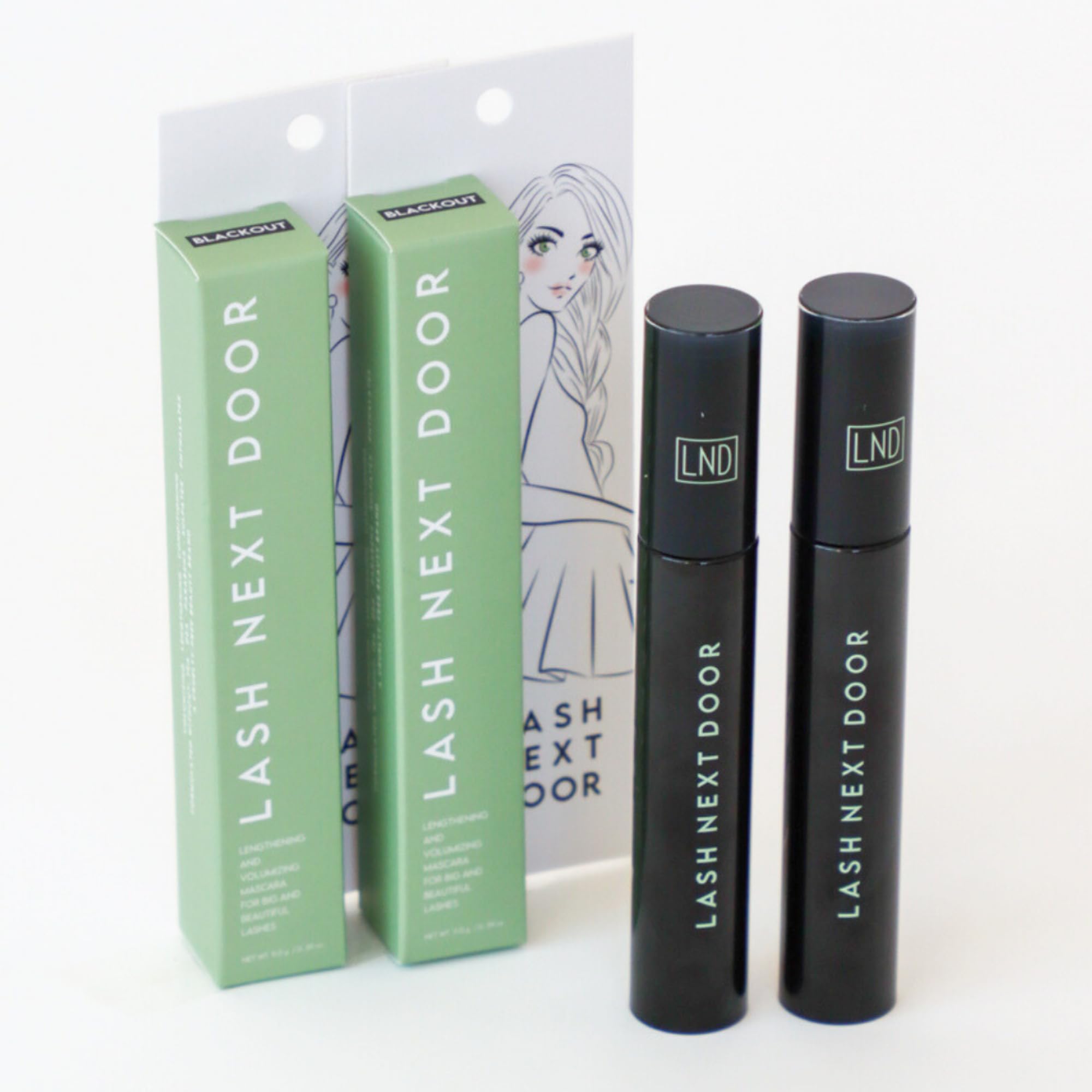 Lash Next Door travel-pack box highlights convenient two-pack design.