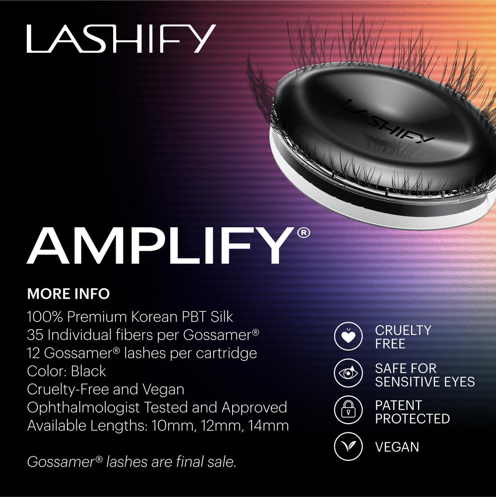 Lashify Amplify 10mm Gossamer lashes in rich black shade add subtle drama.