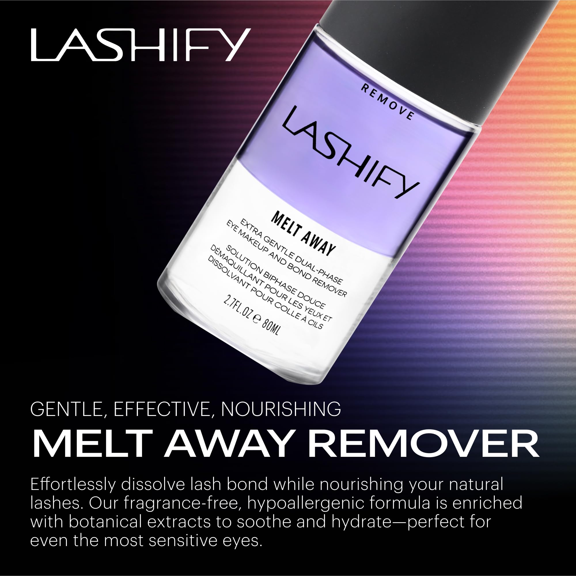 Lashify Melt Away shake-to-activate scene highlighting safe formula for sensitive eyes