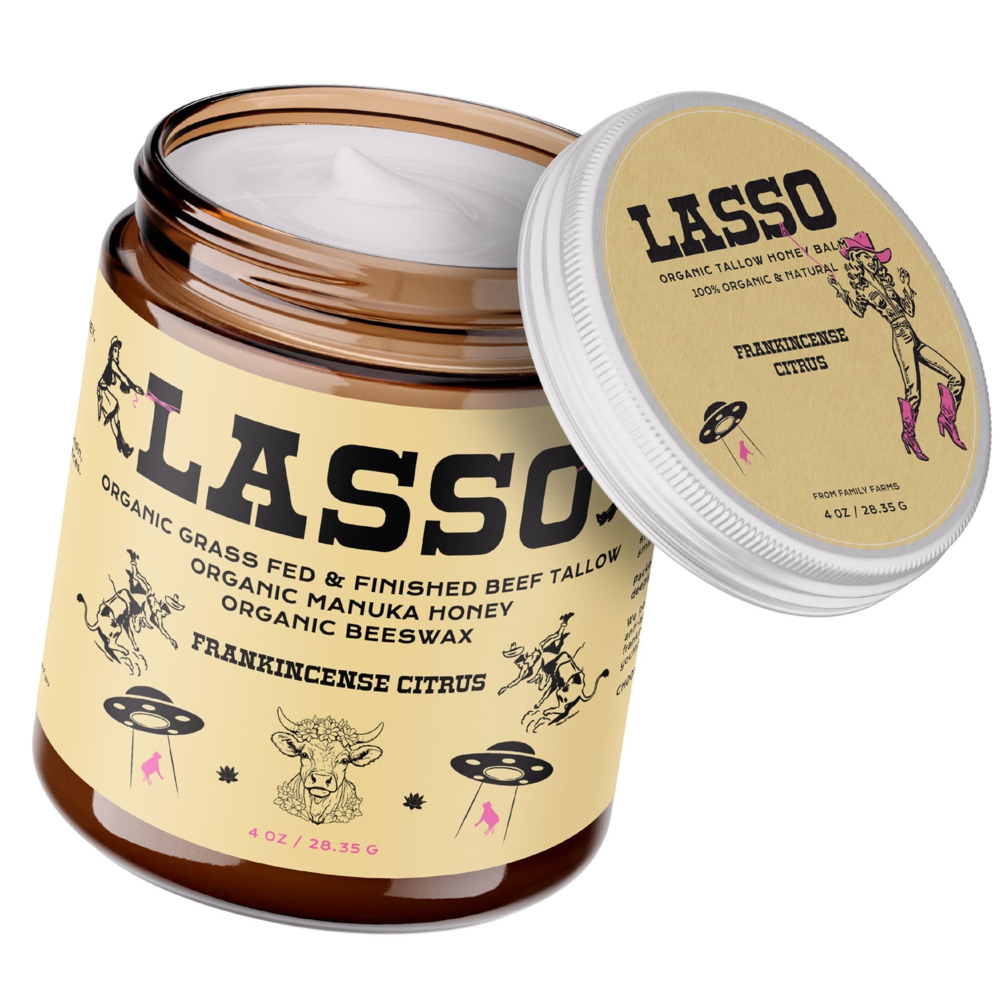 LASSO TALLOW Frankincense Citrus Balm jar showing creamy texture and glow