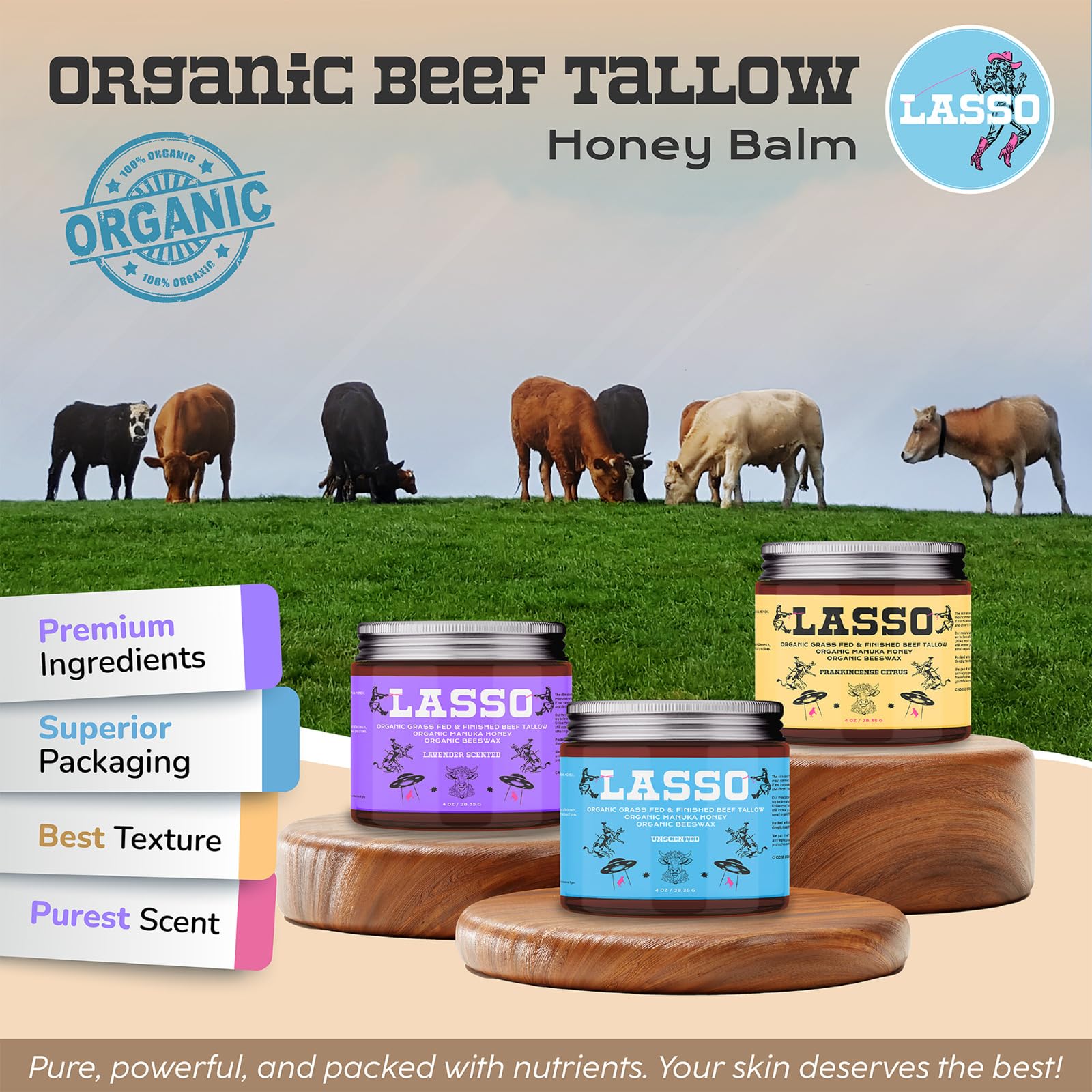 LASSO TALLOW grass-fed beef tallow image emphasizes farm-sourced skincare from small Wisconsin farms.