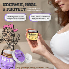 LASSO TALLOW organic Manuka honey detail signals soothing, nutrient-rich care for skin resilience.