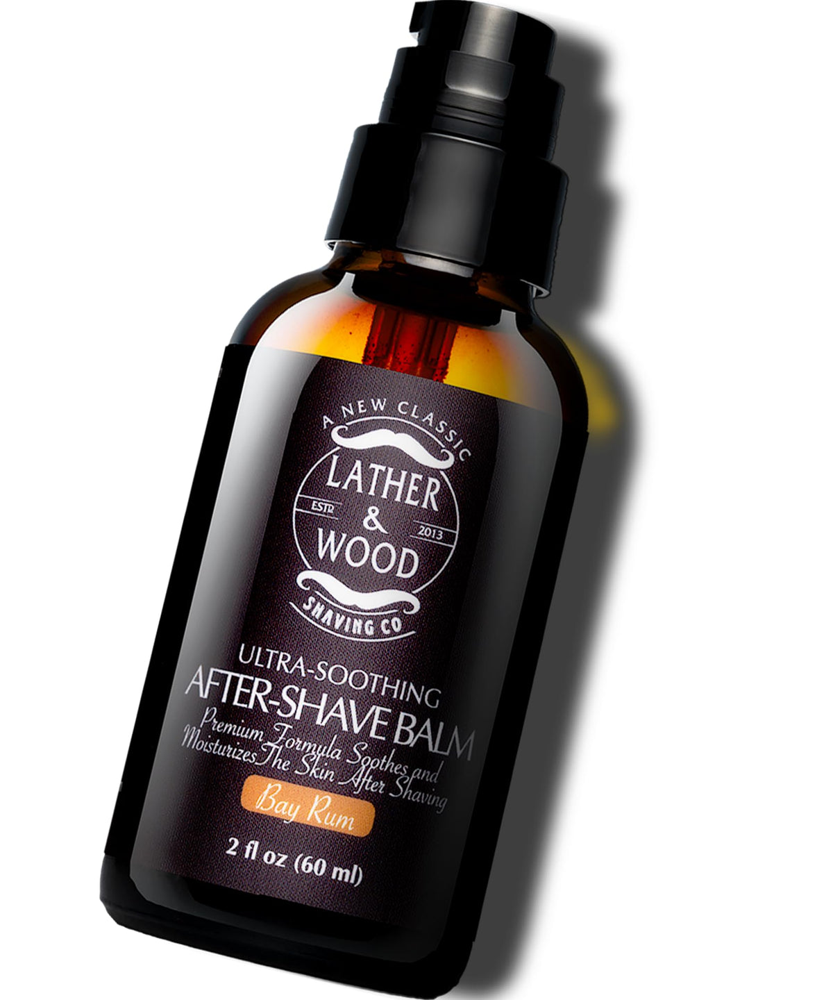 Lather & Wood aftershave balm bottle with bay rum scent for soothing post-shave care