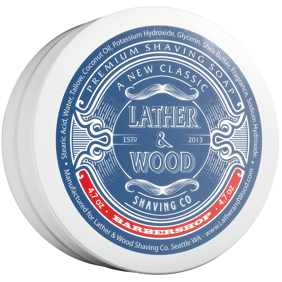 Lather & Wood Barbershop shaving soap tin close-up, rich lather ready for daily ritual.