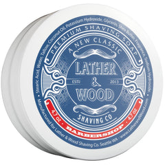 Lather & Wood Barbershop shaving soap tin close-up, rich lather ready for daily ritual.