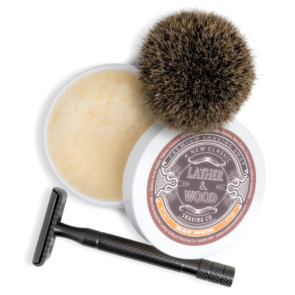 Open tin of Lather & Wood Bay Rum soap ready for lathering with a brush.