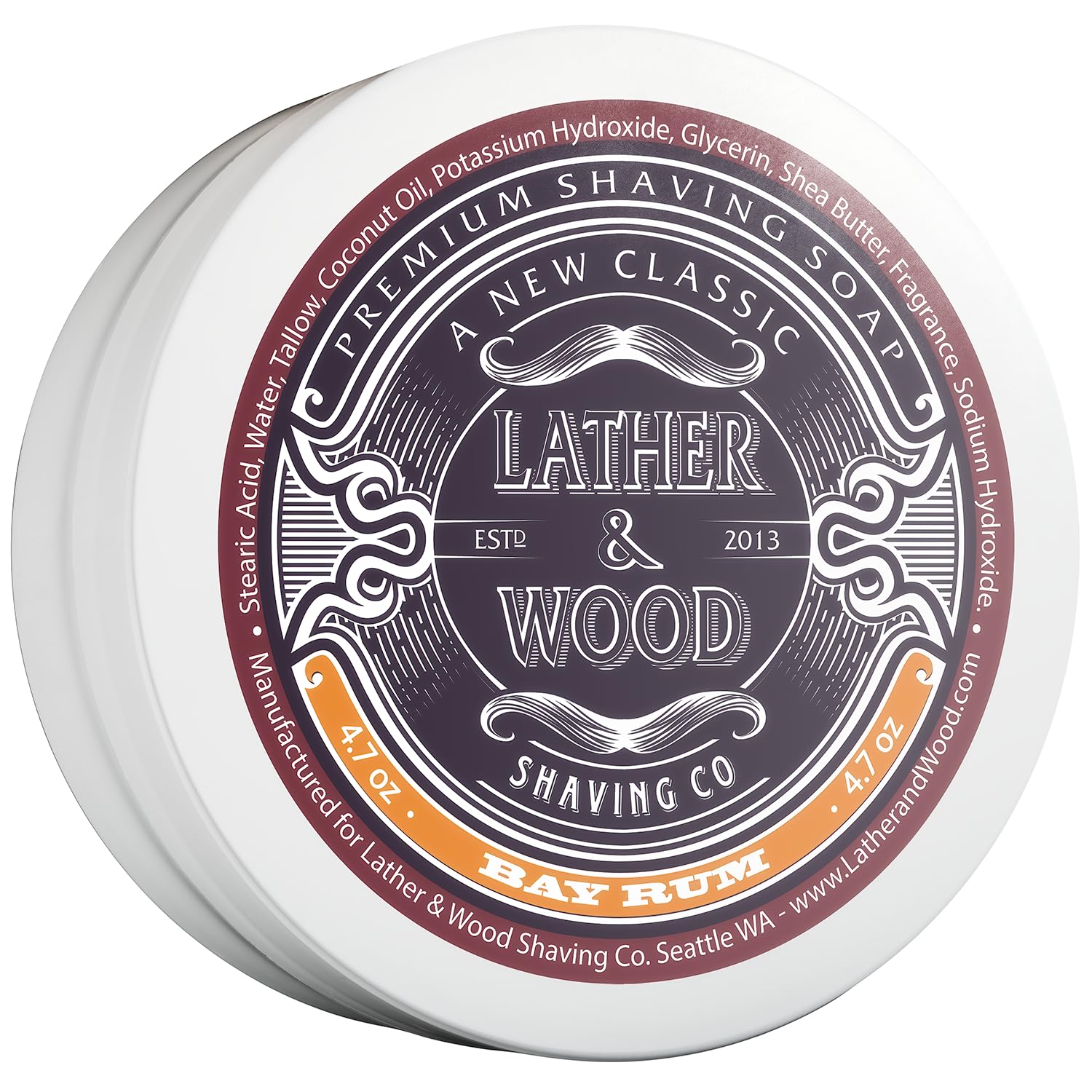 Lather & Wood Bay Rum shaving soap packaging highlights premium branding for luxury grooming.