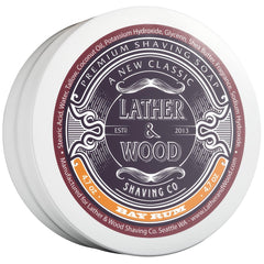 Lather & Wood Bay Rum shaving soap packaging highlights premium branding for luxury grooming.