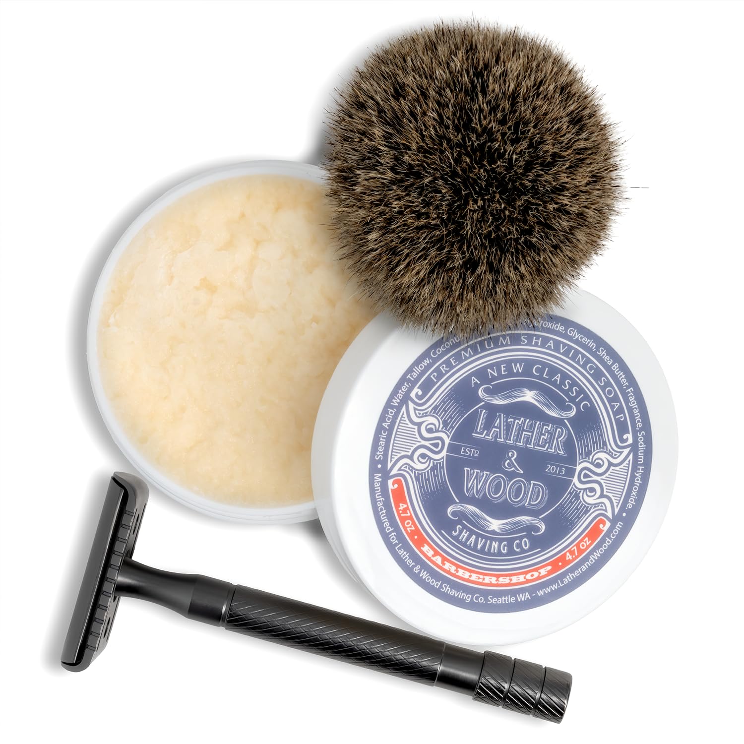 Lather & Wood Barbershop shaving soap delivers dense, slippery lather for smooth razors.