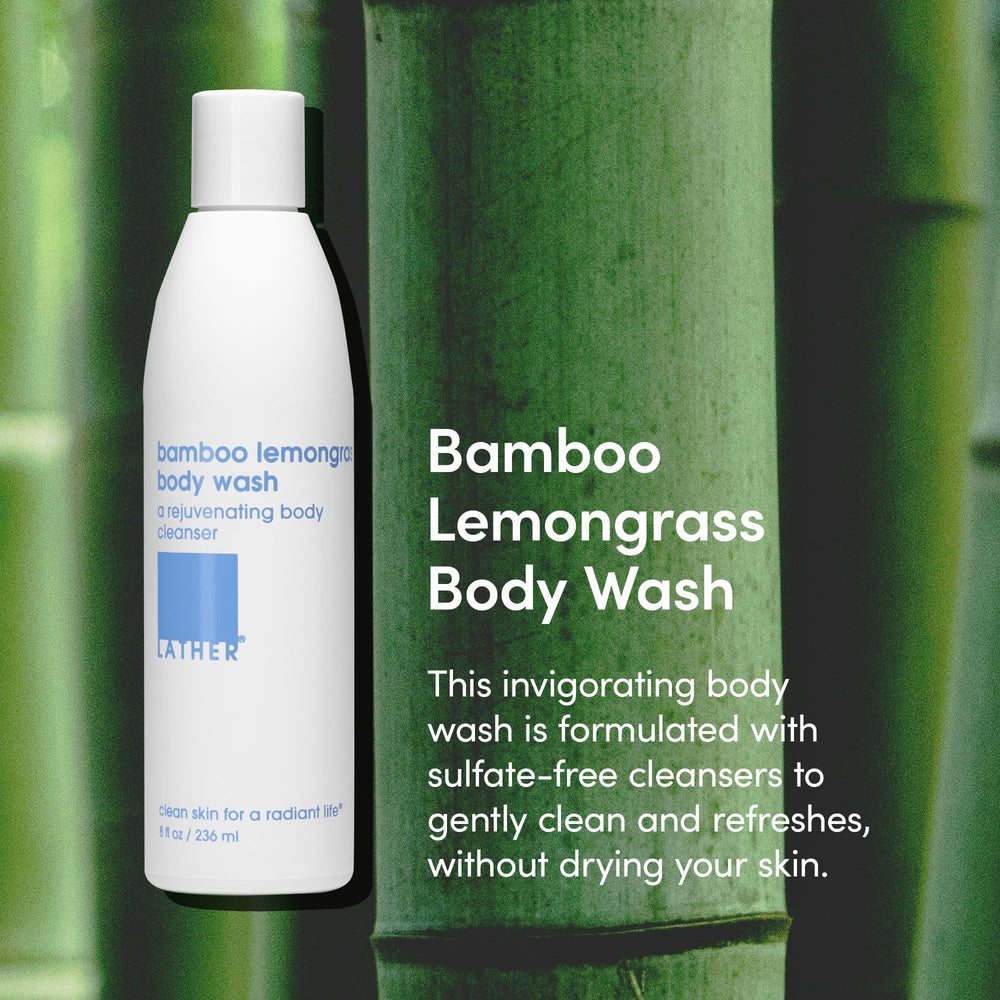 LATHER Bamboo Lemongrass body wash pump for easy, mess-free dispensing.