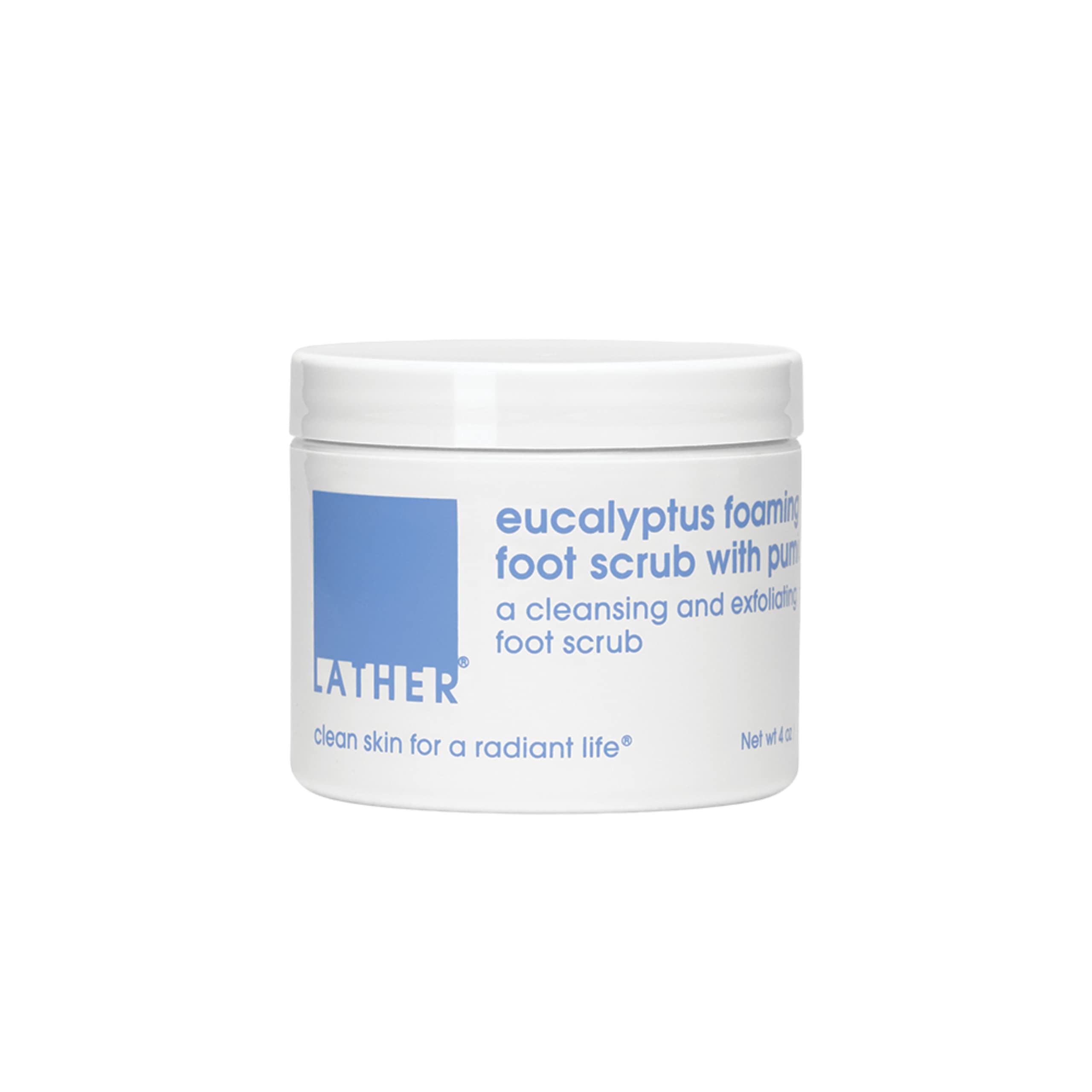 LATHER Foot Scrub with Pumice Stone exfoliates for smoother feet.