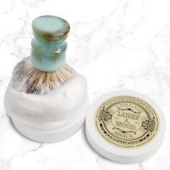 Lather & Wood aftershave balm jar implies soothing post-shave care.