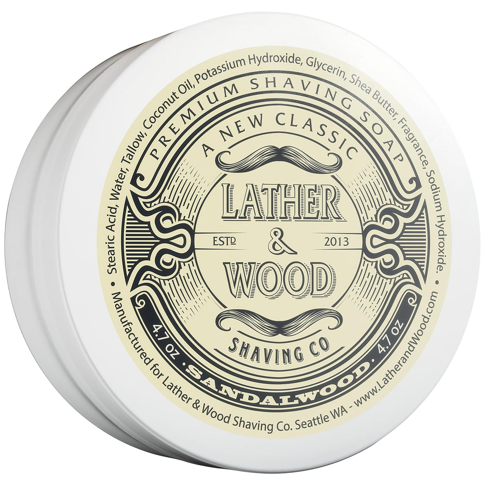Lather & Wood Sandalwood shaving soap in a bowl delivers dense, luxurious lather.