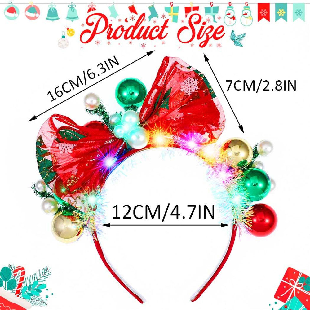 Latious Christmas tinsel LED headband adding bright glow for night events.