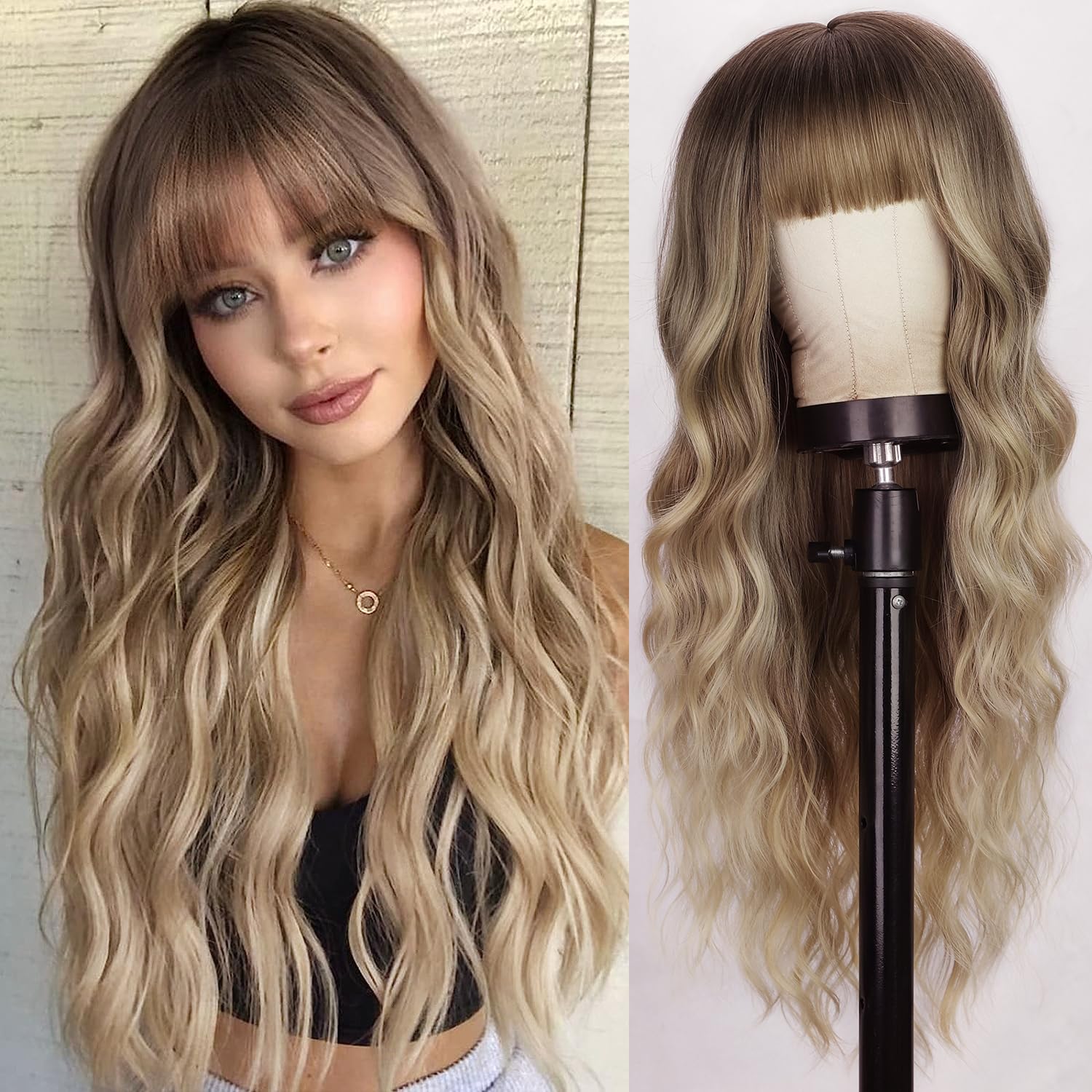Lativ blonde wig with bangs 26in closeup highlights natural look and soft fibers.