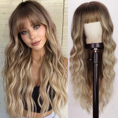Lativ blonde wig with bangs 26in closeup highlights natural look and soft fibers.